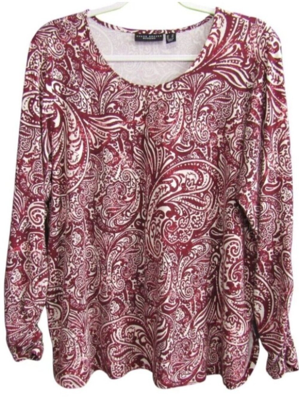 Susan Graver Weekend Red Paisley Tunic Top L Cotton Modal Stretch Ruched Sleeves